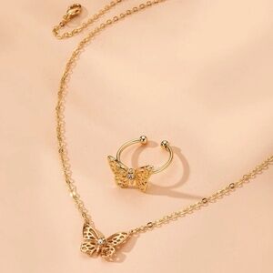 Dainty Zircon Butterfly Necklace, Cuff Ring Set